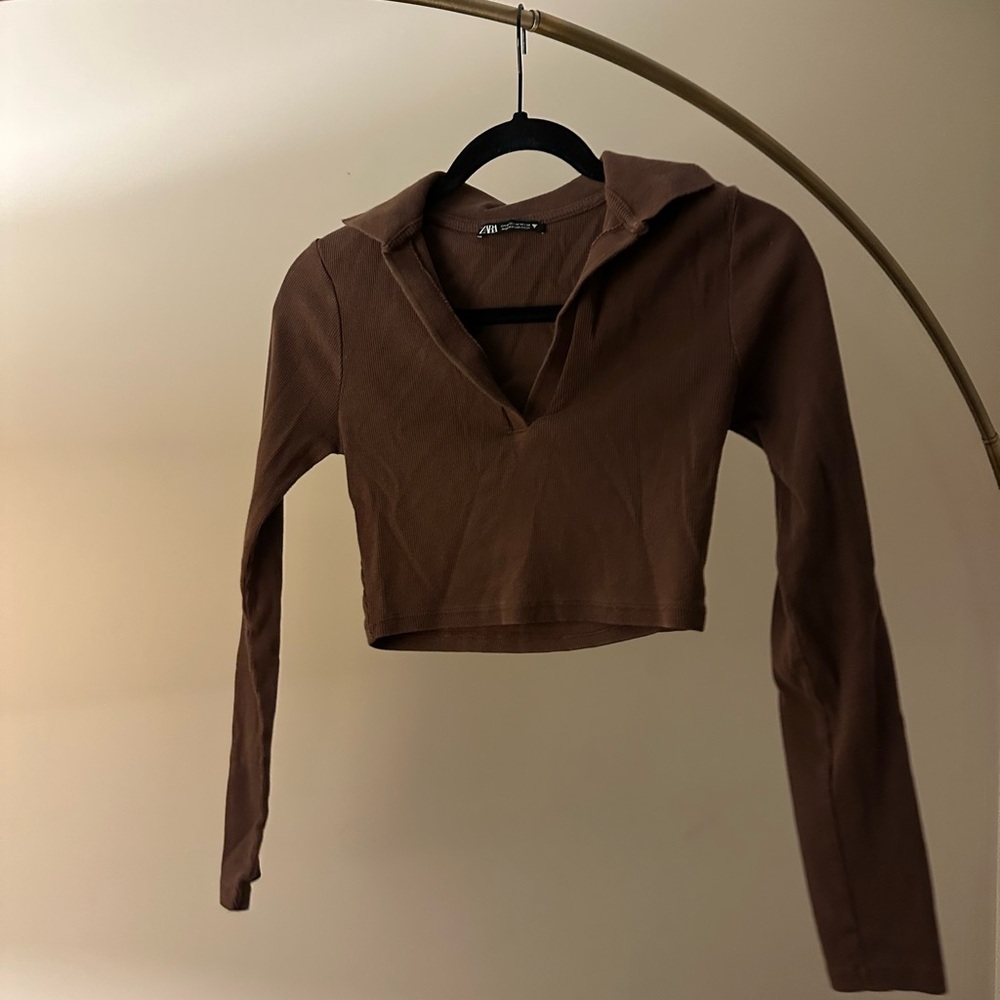 Zara Brown Fitted Long Sleeve Polo Crop Top